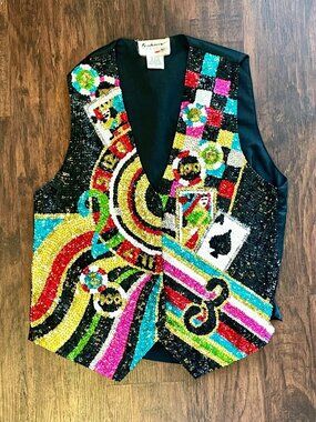 Vintage Fashion Fantasy Colorful Sequin + Beaded Casino Cards Gambling Vest L